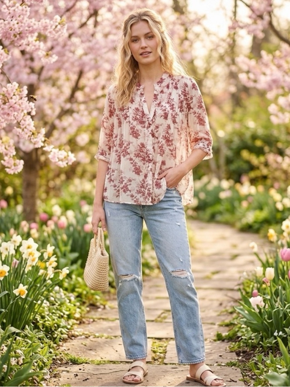 Anthropologie One Fine Day Floral Button-Up Blouse - Red & Cream